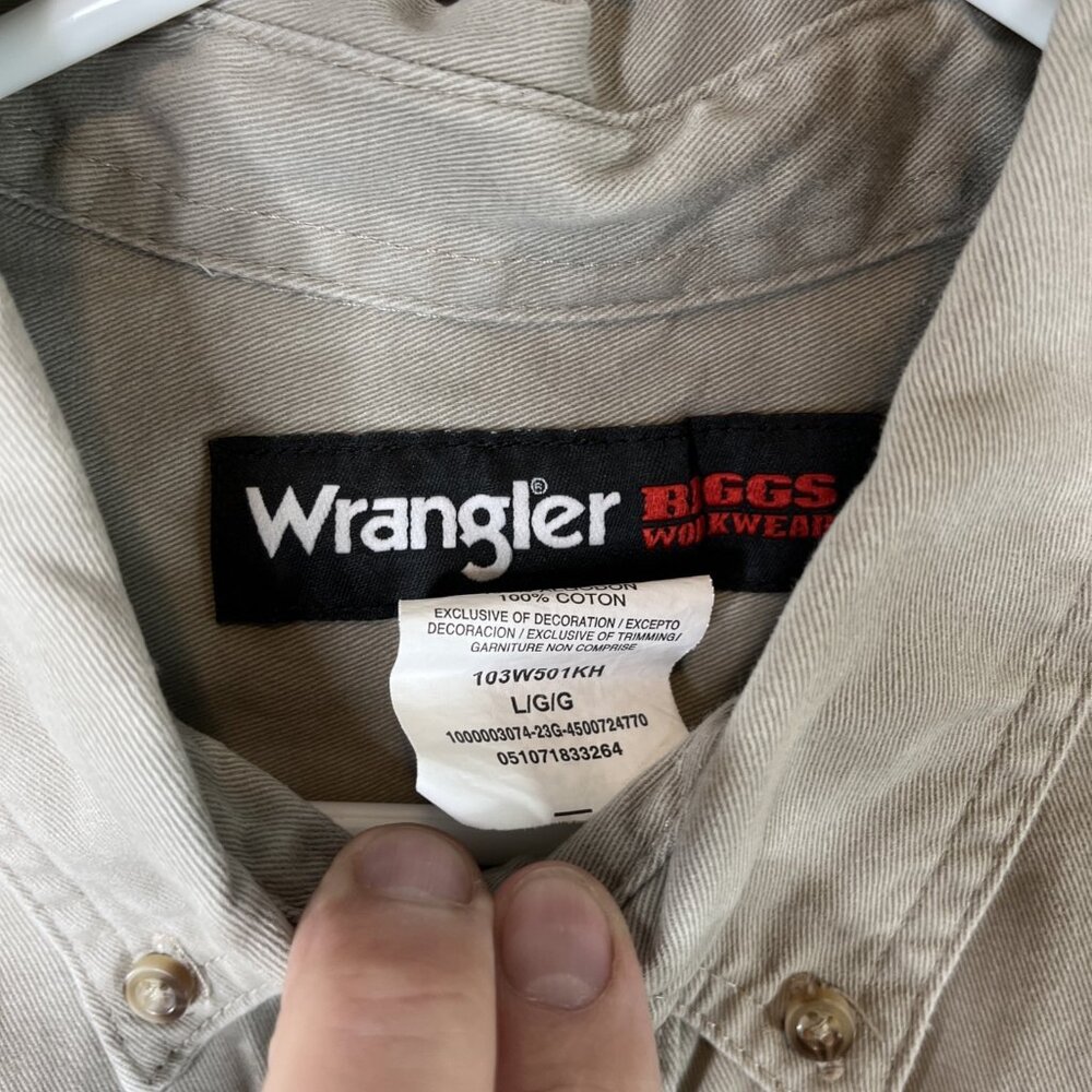 Wrangler Riggs Workwear Button Down Shirt Mens Lg Button Up Pocket Taupe Khaki - Picture 9 of 11
